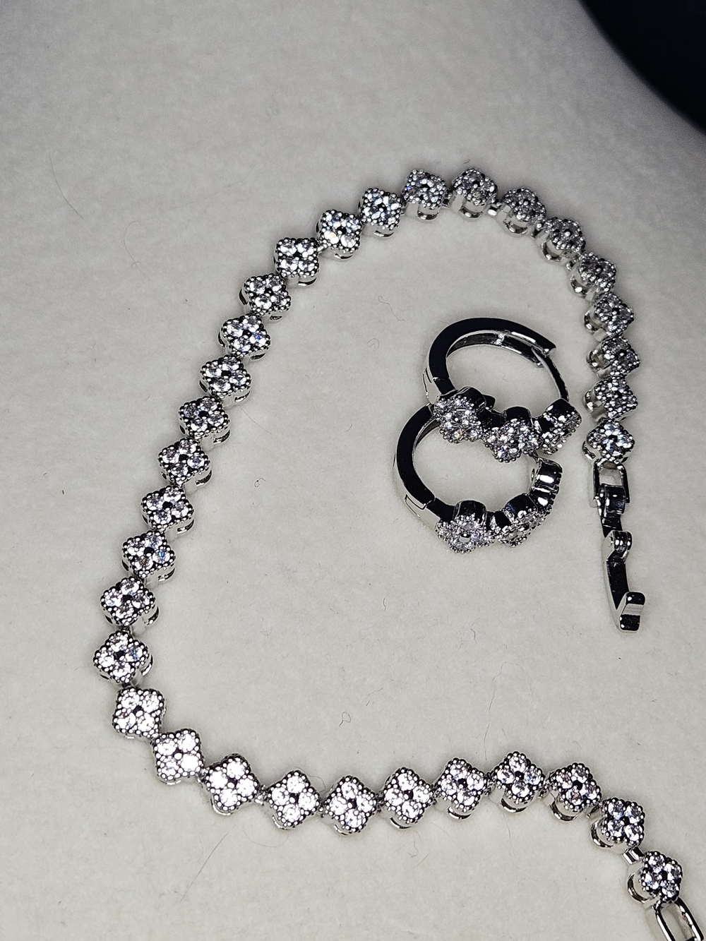 Classic Silver-Tone Clover Zircon Tennis Bracelet and Hoop Earrings Set